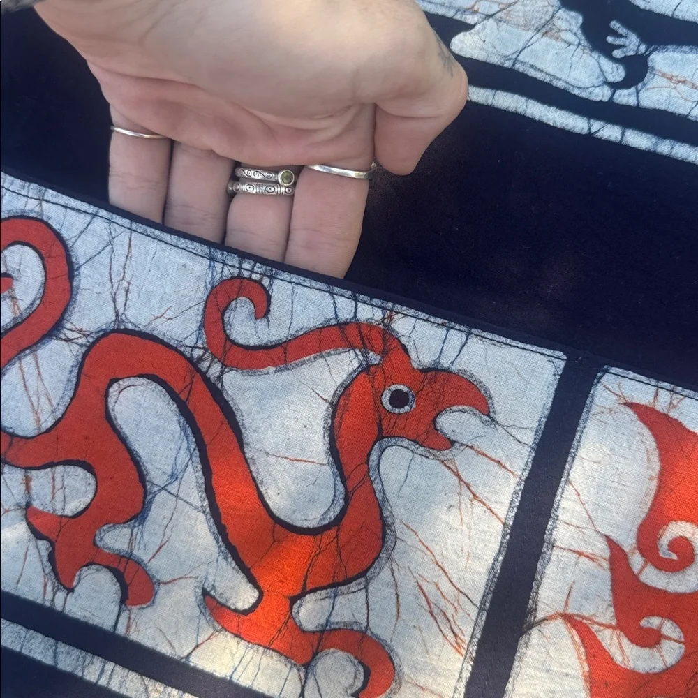 Chinese Dragon Batik Motif Wall Hangings in Black & Orange with Pockets, 24”